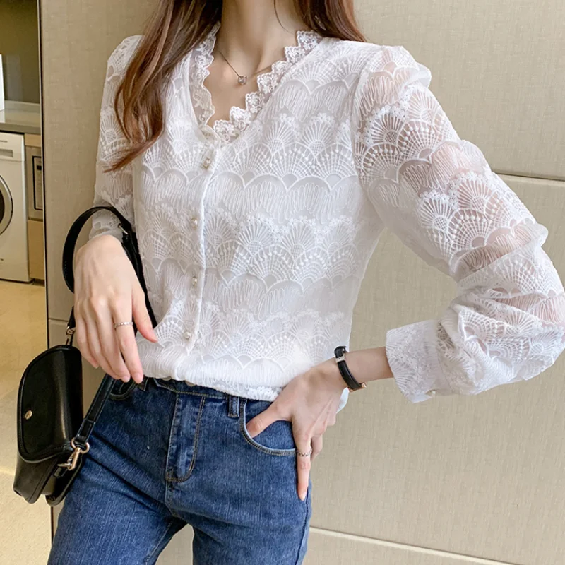 

Korean Lace White Embroidery V-neck Blouse Women Autumn Fashion Long Sleeve Female Tops Office Ladies Elegant Shirts
