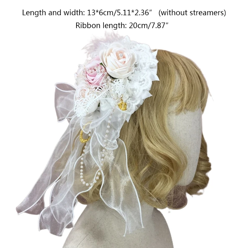 

Japanese Lolita Bonnet Sweet Lace Flower Pearl Beading Top Hat Kawaii Gothic Cosplay Ribbon Bow Feather Side Hair Clip