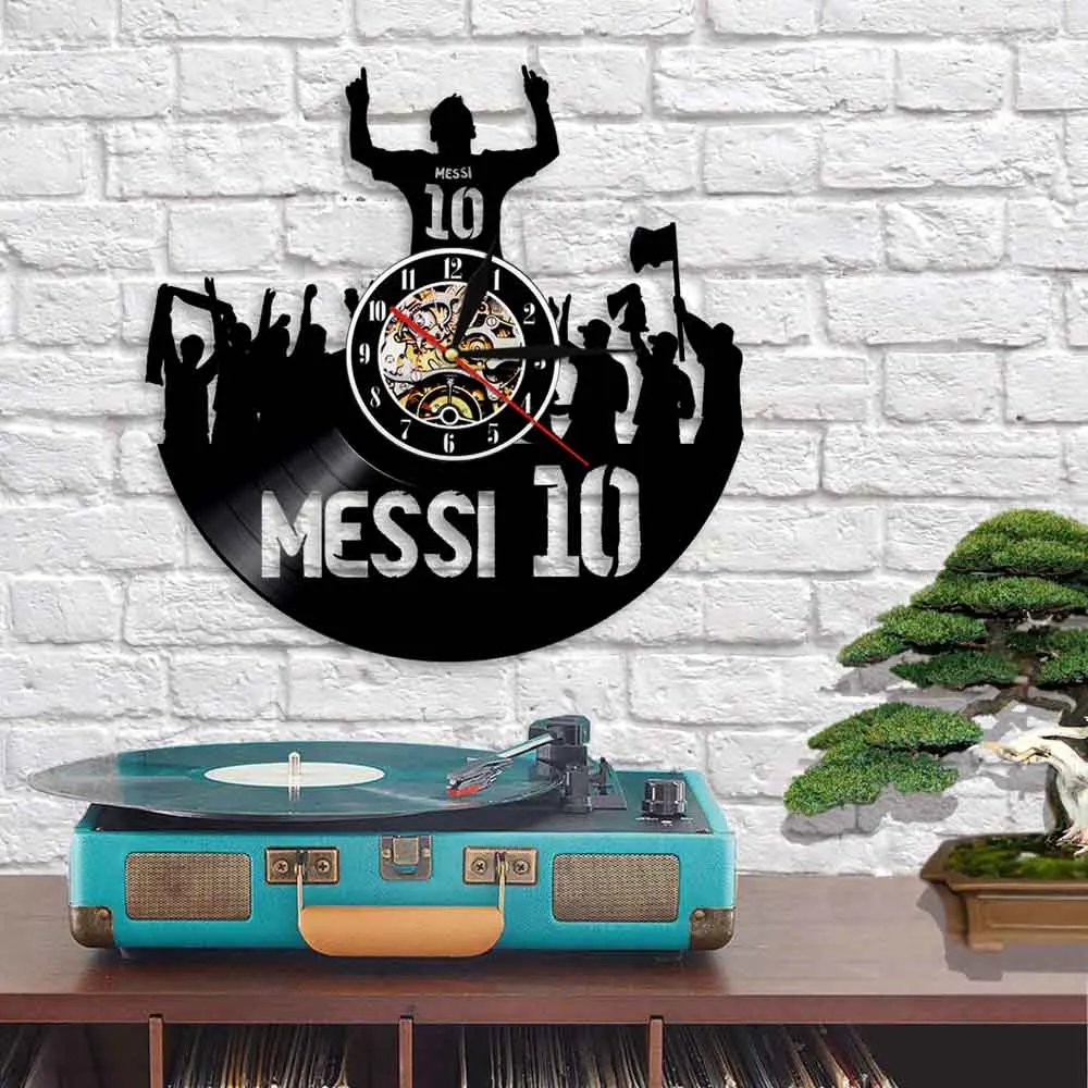 Футбольный игрок Месси силуэт тень винил запись настенные часы индивидуальные