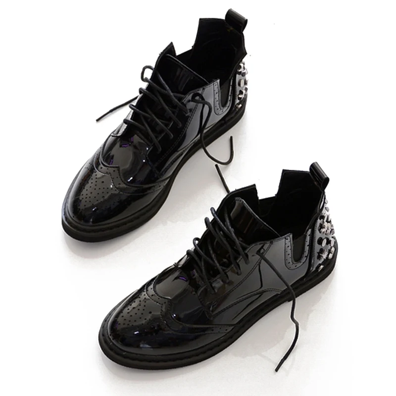 

Autumn and Winter Short Boots Lace Up Black Rivet Boots Women Patent Leather Ankle Women's Boots