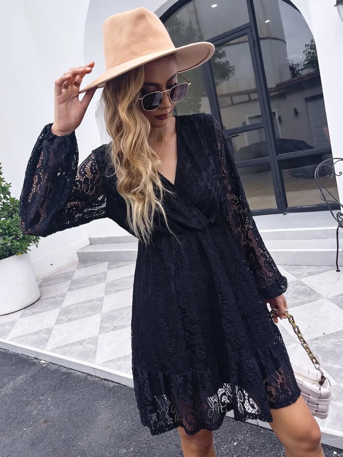 

Women's Dress Sexy Lace Mesh Patchwork Long Sleeve Dress Solid Elegant Party Dresses Fashion Casual Streetwear Bodycon Dress