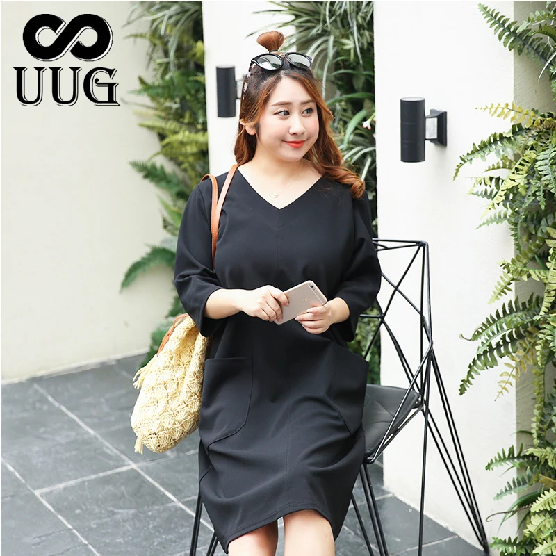 Женское платье UUG черное большого размера с коротким рукавом и треугольным
