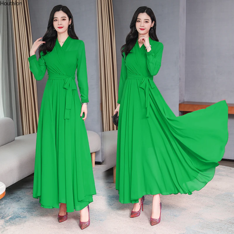 

Houthion Women's Dresses Solid Long Dress Loose Plus Size Bohemia New Draw Back Chiffon A-LINE Mid-Calf Casual Fashion