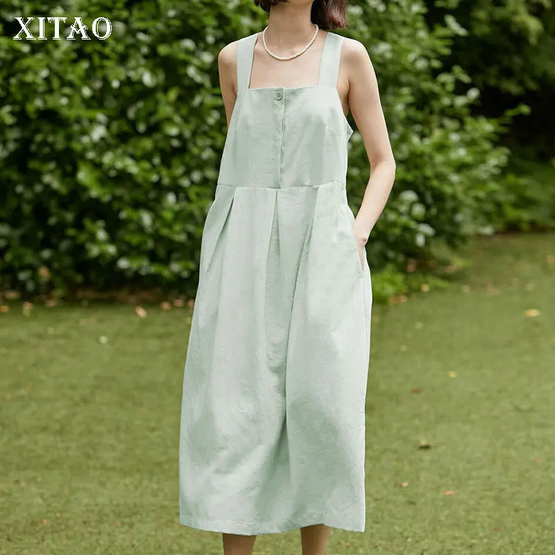 

XITAO Pleated Hem Dress Fashion Solid Color Backless Sleeveless Design Literary and Loose 2021 Summer Minority Dress WMD1791
