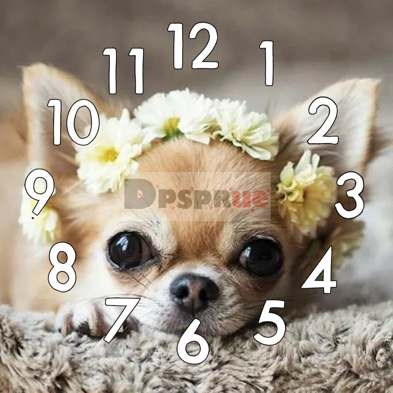 

Dpsprue 5D Diamond Painting Kit With Clock Cross stitch Full Square Round Diamond Embroidery Mosaic Cute Animal Dog Flower Gift