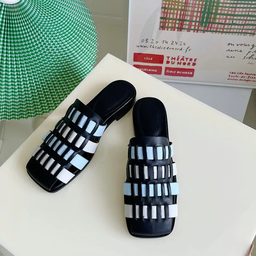 

QUTAA 2021 Square Heel Summer Sandals Mixed Color Genuine Leather Square Toe Female Slides Cut Outs Basic Women Shoes Size 34-39