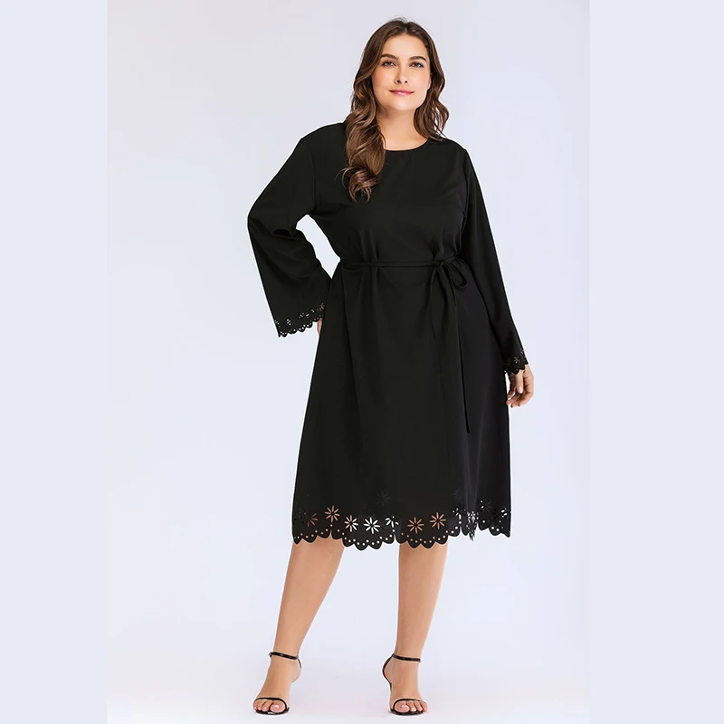 Lucyever размера плюс 4XL черное платье из кружева для женщин с длинным рукавом и
