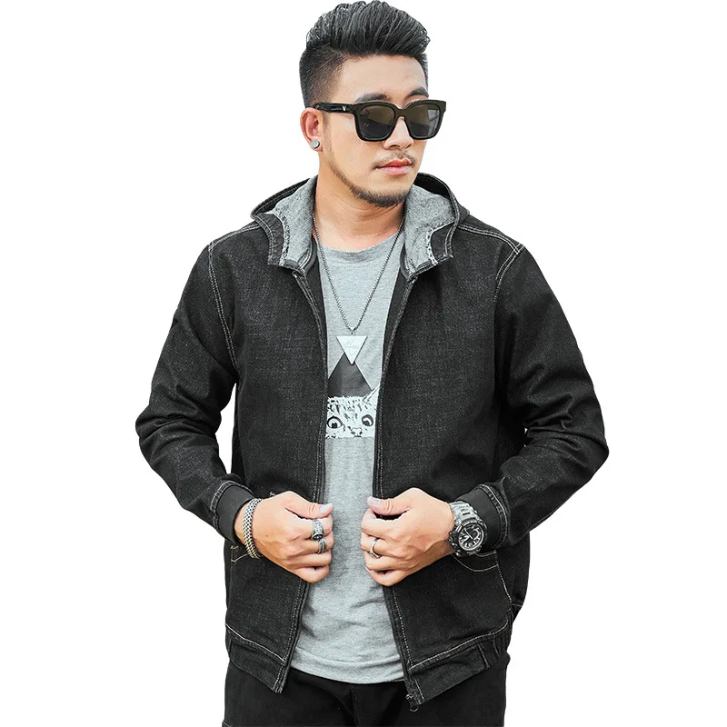 

Куртка мужская зимняя, размера плюс, черная, джинсовая куртка, свободная, стрейчевая, с капюшоном