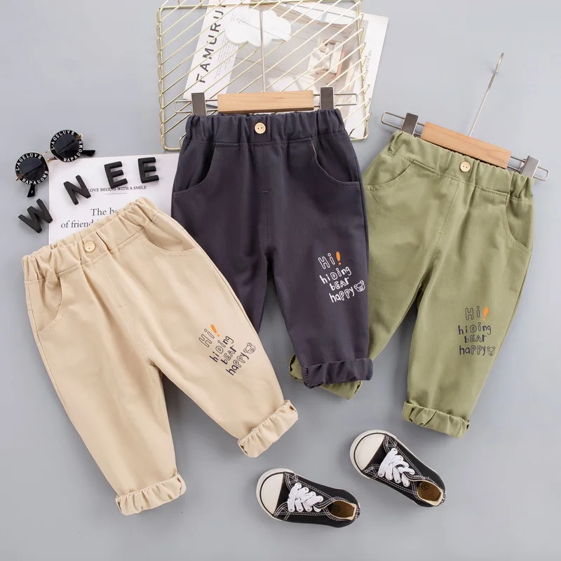 

Children's Spring And Autumn Twill Solid Color Letters Cartoon Bear Head Print Boys Personality Casual Trousers 1-5 Years Old