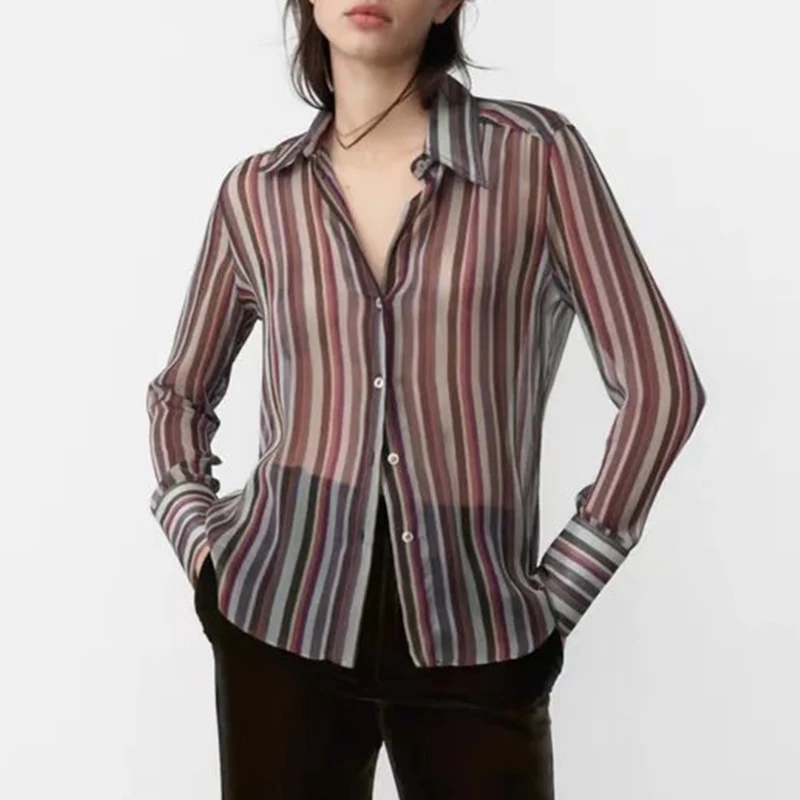 

WXWT Women Colorful Striped Blouses Long Sleeve Button-up Shirts Female All-Match Tops Blusas Mujer CD8320