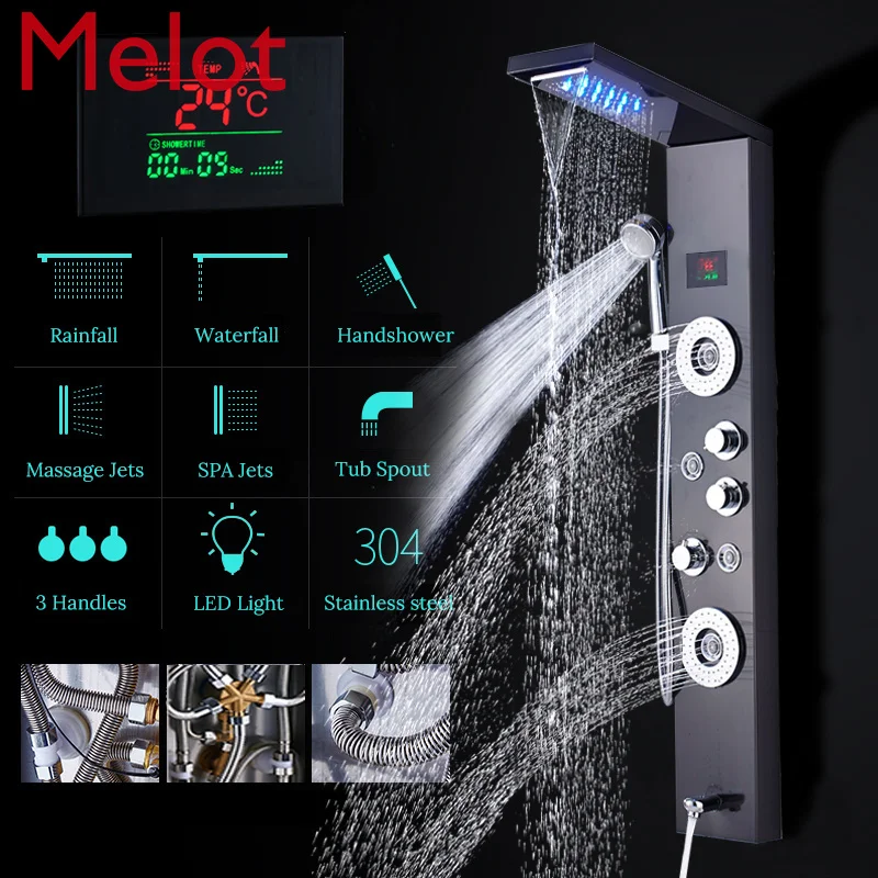 Koop Nieuw Luxe Zwart/Geborsteld Badkamer Kraan Led Douche Panel Kolom Bad Mengkraan Met Handdouche Temperatuur Screen