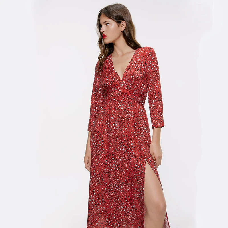 Ladyfirsy Za/2019 новые осенние платья с принтом животных и v образным вырезом красное