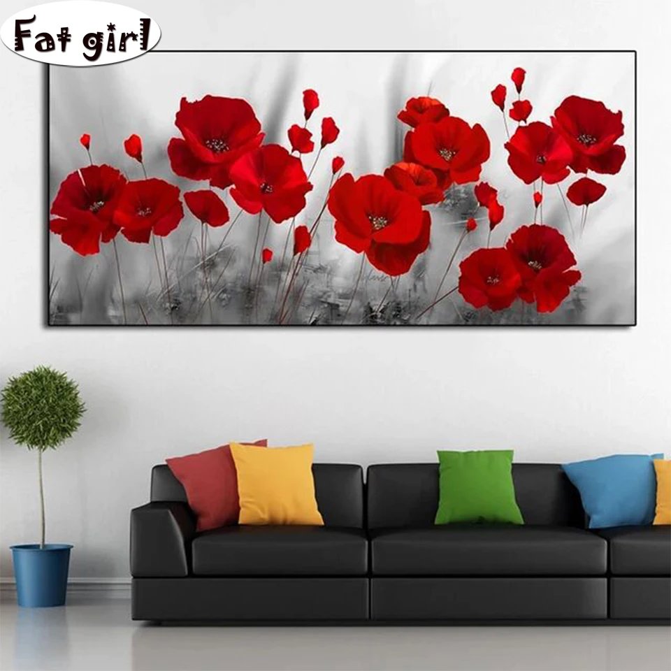 

Diy 5d diamond painting Poppies on black and white full Round square Diamond embroidery portrait woman cross stitch mosaic deco