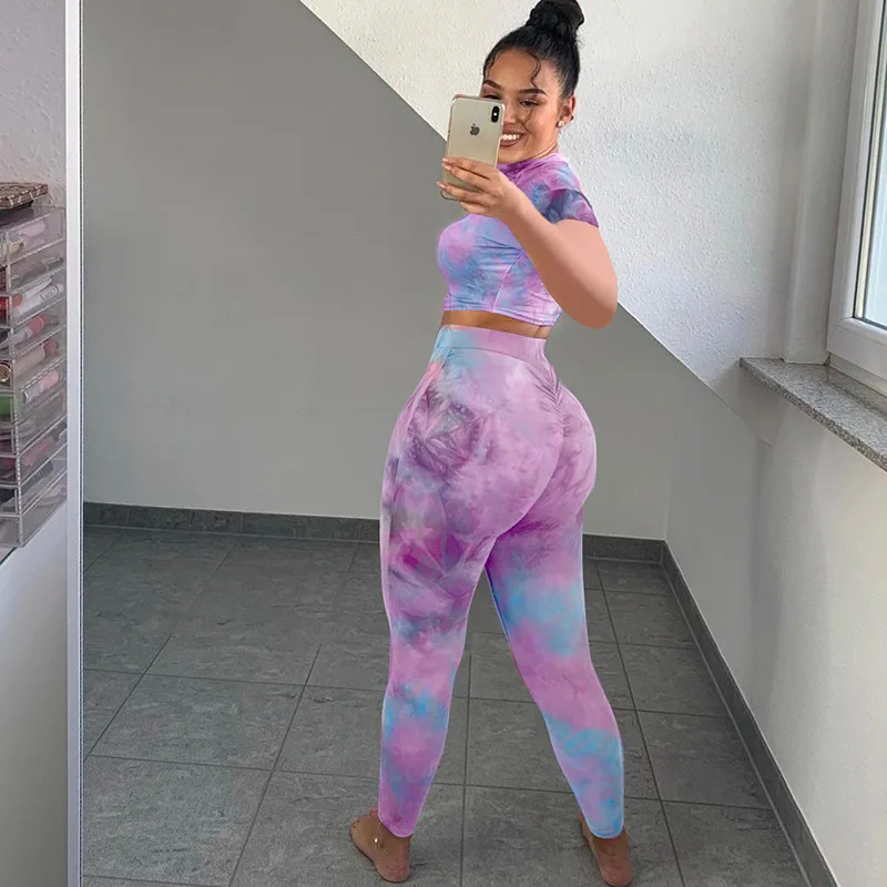 

FNOCE 2021 new spring women's sets fashion trends casual sexy tie-dye long sleeve o-neck crop tops tight pants 2-pc suits