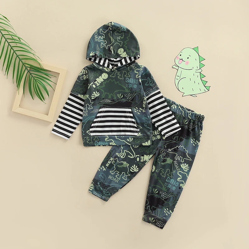 

Toddler Baby Boy Autumn Clothes Set Long Sleeve Hooded Striped Patchwork Sweatshirt + Elastic Waist Dinosaur Print Trousers Set