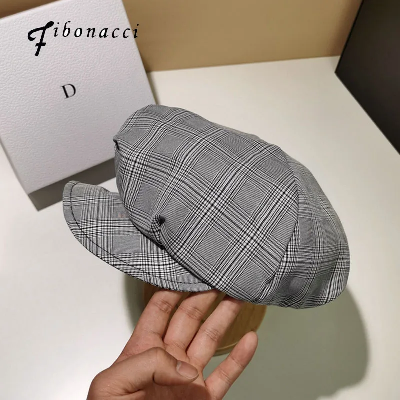 

Женская кепка Fibonacci, шикарная Корейская тонкая восьмиугольная кепка, Женский Дикий Повседневный клетчатый берет, Британский ретро художник...