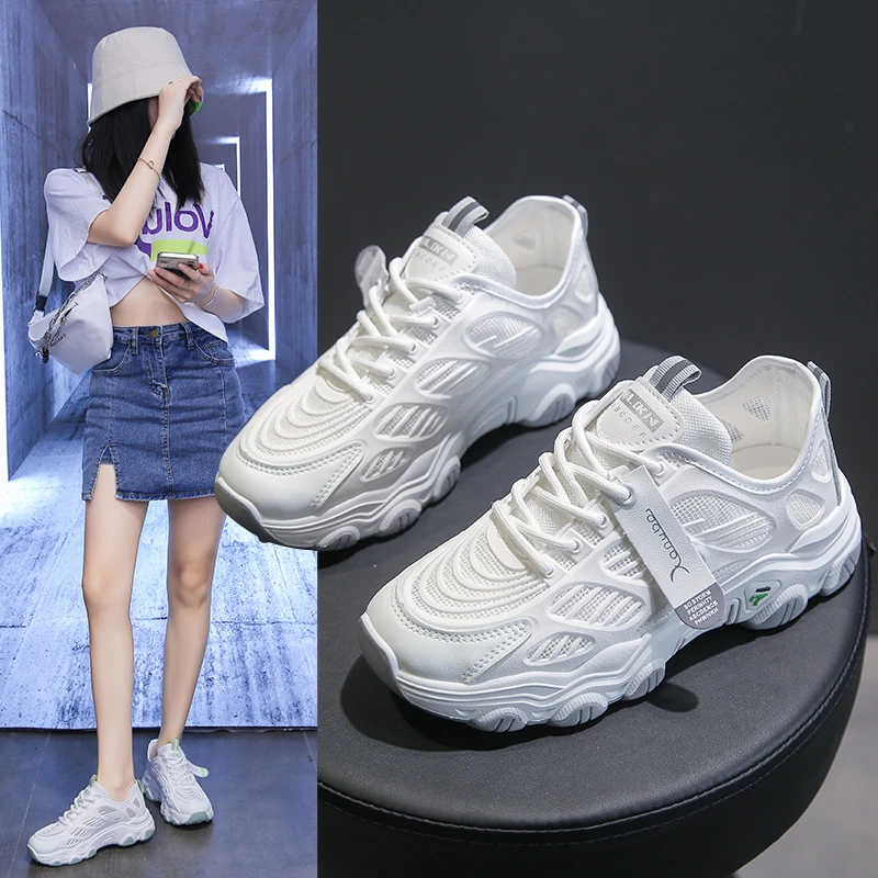 

2021 Spring and Autumn New Fashion Women's Hollow Breathable Mesh Casual Sneakers Increased Thick-soled Cross Lace Sneakers