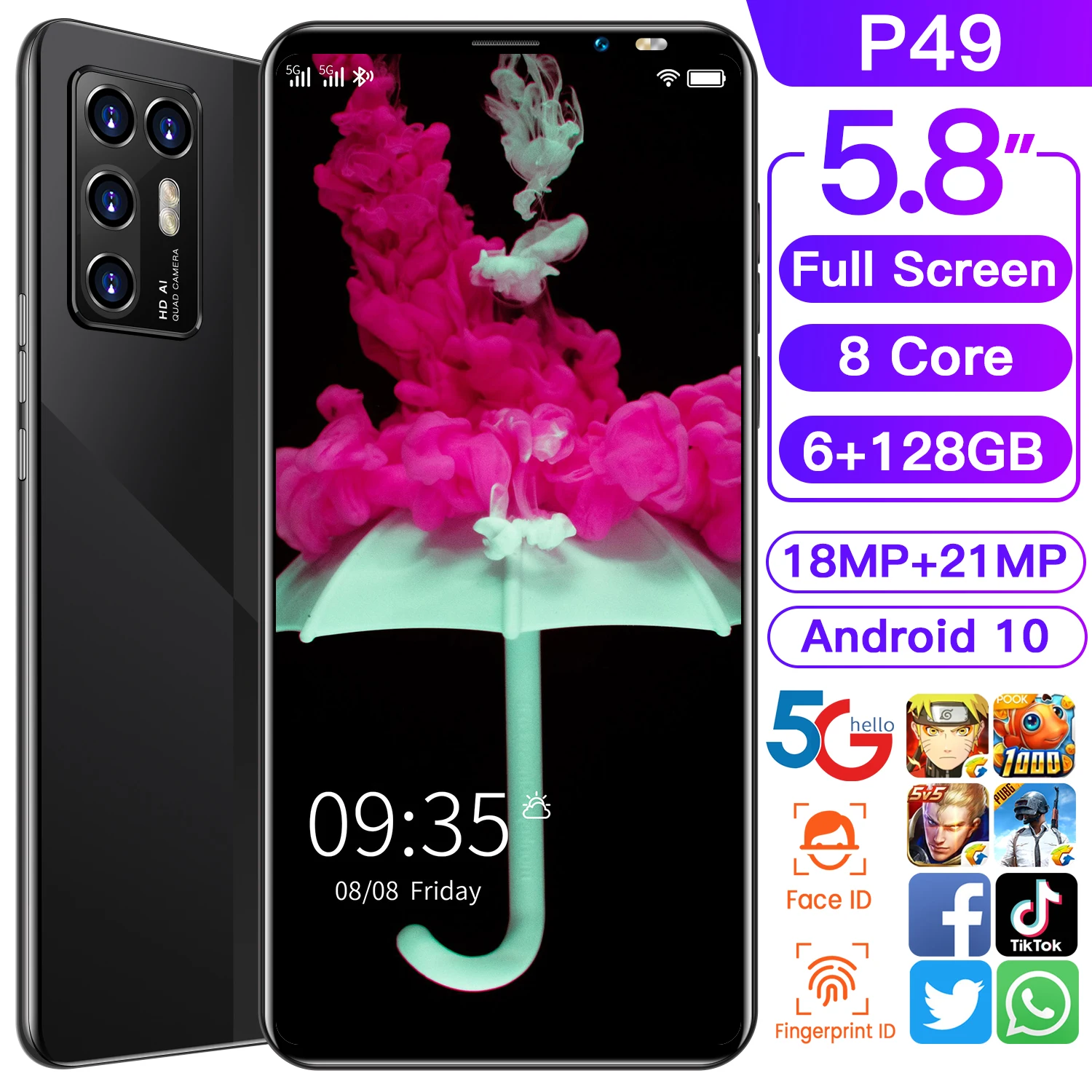 Cost-effective P49 5.8 Inch Smartphone 6+128GB 8-core 4500mAh 5G Global Version 2021 18+ 21MP 8-core Andriod 10 Android 5G Phone