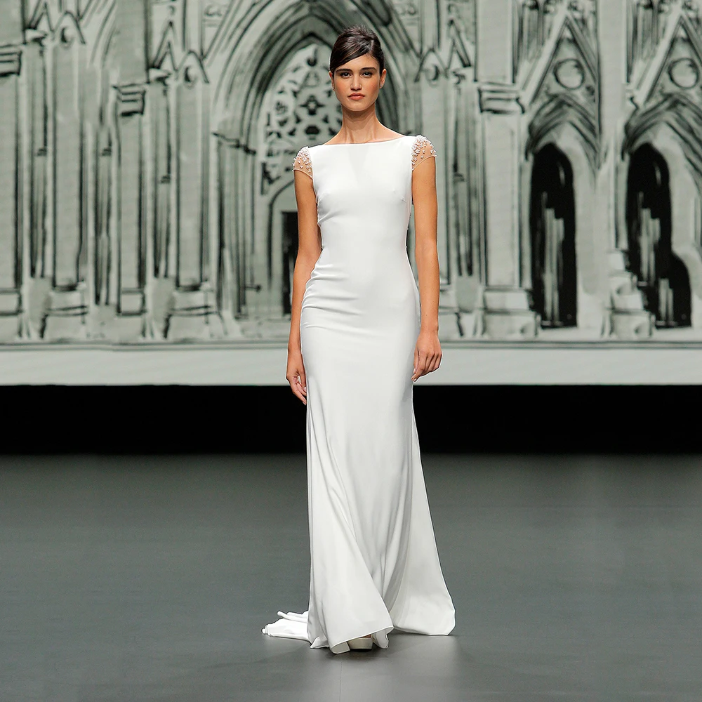 

2021 Summer Mermaid Wedding Dress Boat Neck Chiffon Beading Backless With Jersey Bridal Gown