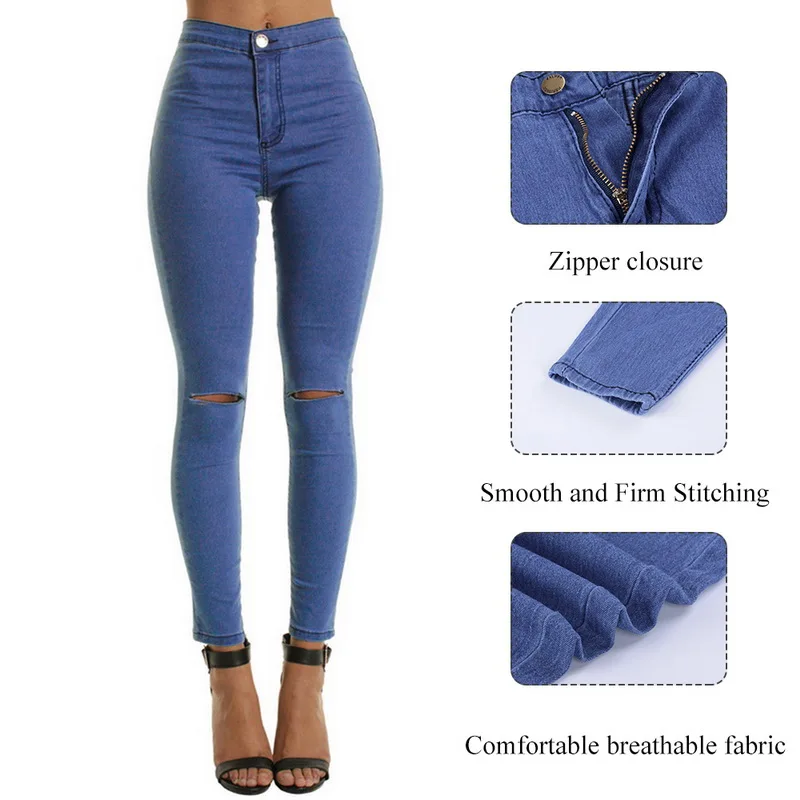 Женские узкие джинсы с высокой талией винтажные рваные дырками брюки карандаш