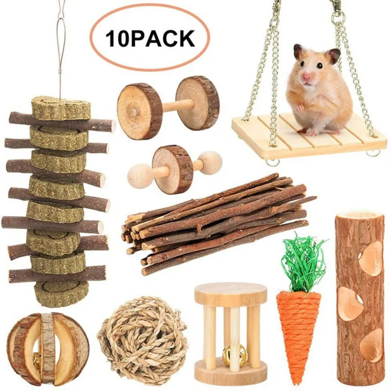 

10 Piece Set Hamster Combination Toy Hamster Rabbit Grass Cake Skewer Carrot Wooden Molars Combination For Small Animal Hamster