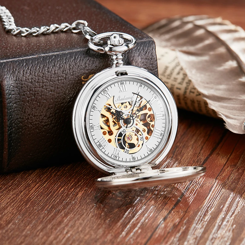 Roman Numeral Doctor Nurse Mechanical Pocket Watch Sliver Skeleton Dial Male Luxury Wings Fob Chain Clock for Men Dropshipping