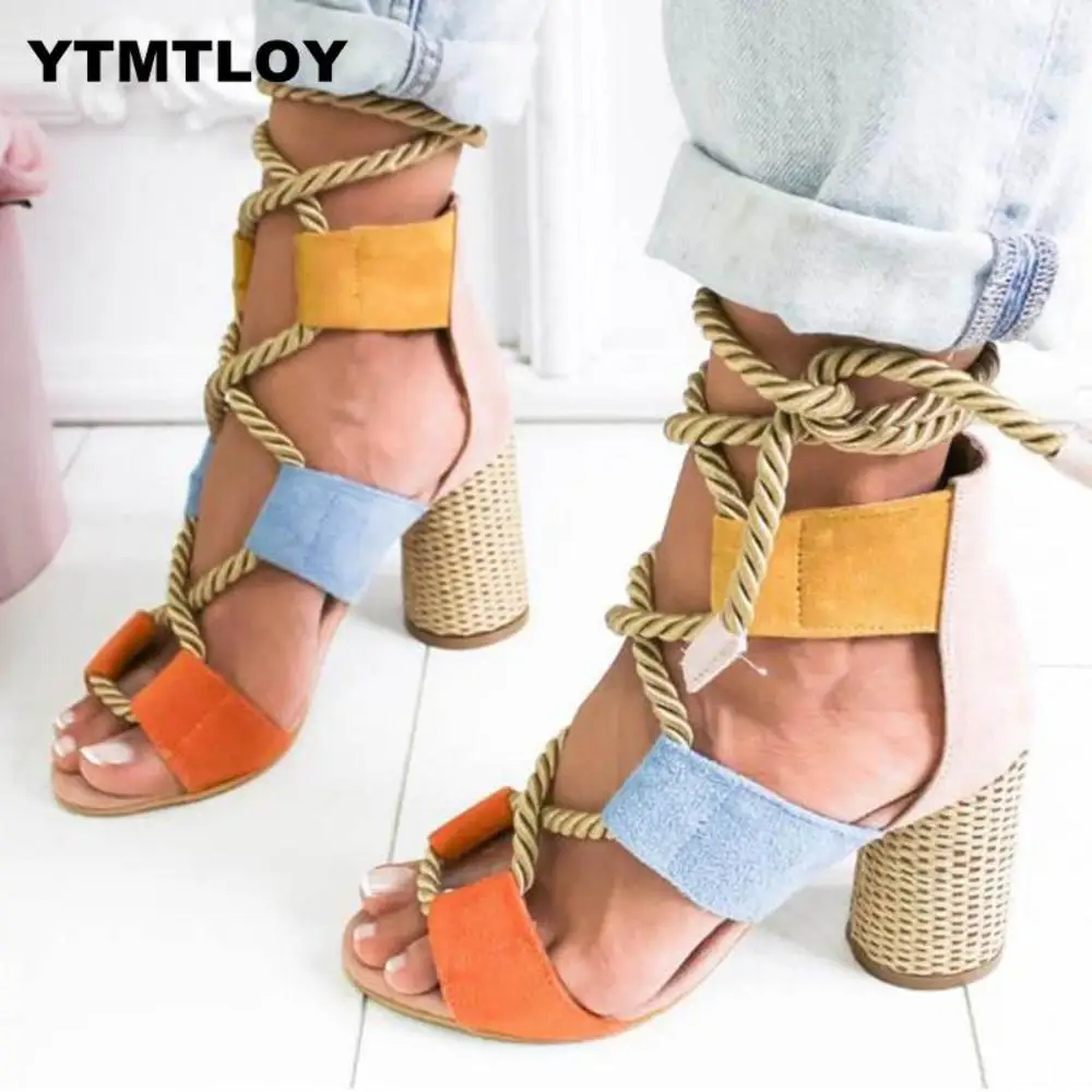 

Women Pumps Fashion Heels Lace Up High Sandals for Summer Shoes Gladiator Thick Chaussures Femme Square Heels Knot Rope