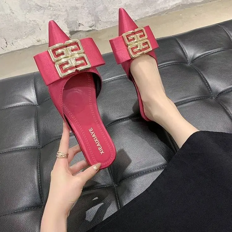 

Women's slippers for summer wear 2021 new fashion Square metal buckle sandals shoes pointed half-drag lazy shoes women shoes