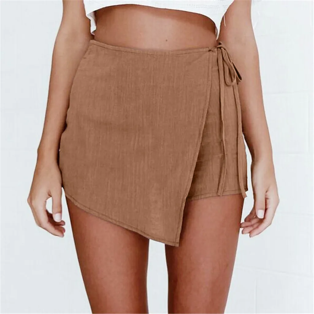 Короткие женские брюки необычные однотонные на шнуровке из хлопка и льна прямые