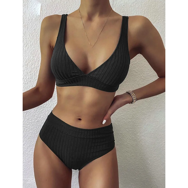 

INGAGA Sexy Bikinis High Waist Swimwear Women's Swimsuits Push Up Biquini Ribbed Bathing Suits Black V-Neck Bikini Set 2021 New