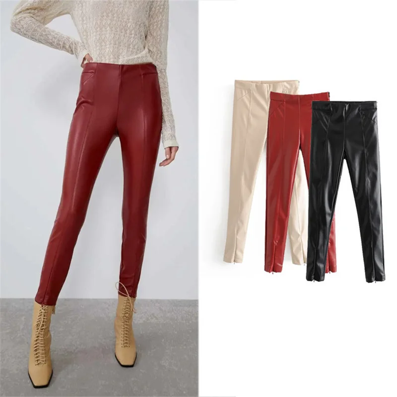 New European and American style casual all-match PU women's trousers autumn and winter tight-fitting leg-shaped pants