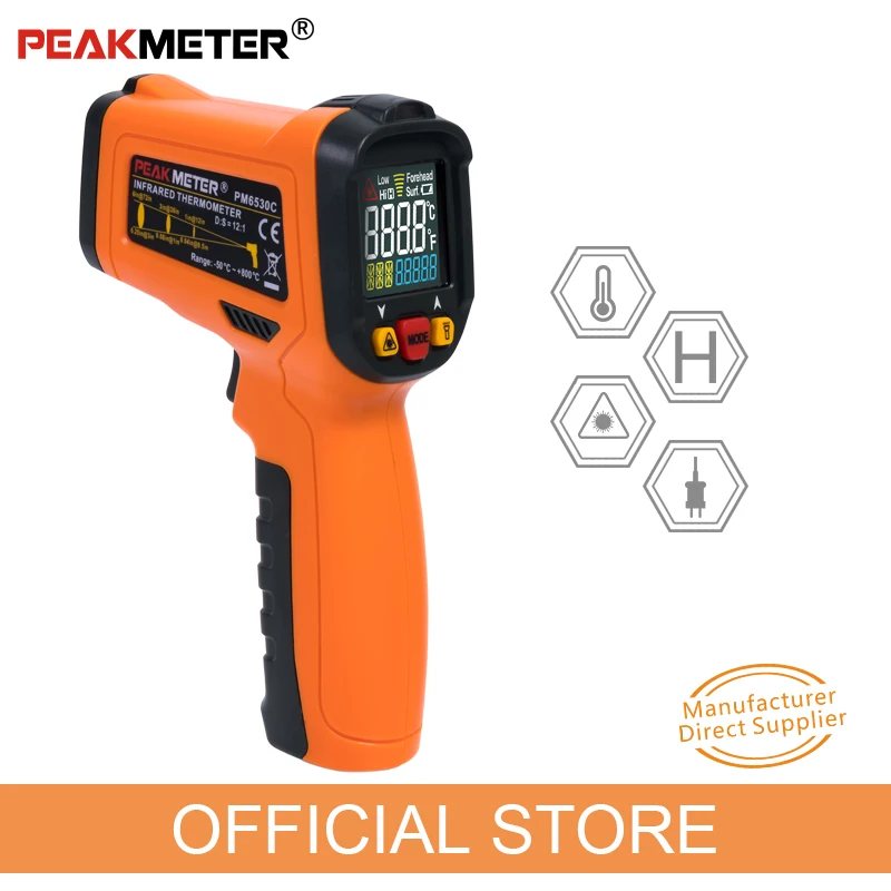 PEAKMETER PM6530C LCD Laser Digital Infrared Thermometer Temperature gun meter -50~800 with K type Ambient UV Light bathtub