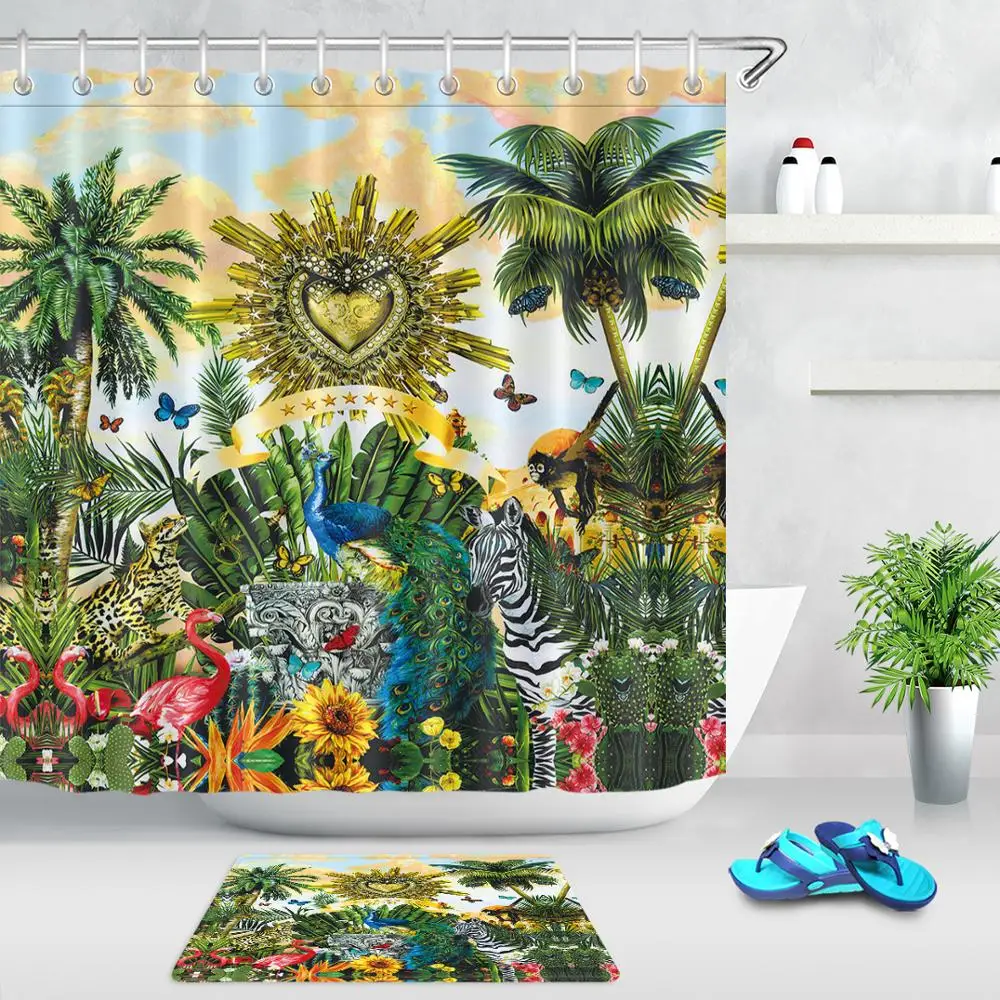 Тропический тропический лес растение животное занавеска для душа Зеленый лист
