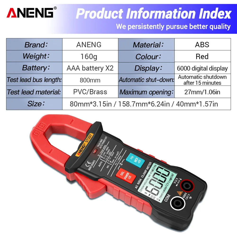 ANENG ST207 Pinza amperimétrica Bluetooth recientemente actualizada multimetro tester digital multimeter profesional polimetro amperimetro de gancho tester comprobador de corriente abrazaderas de apriete ac/dc clamp