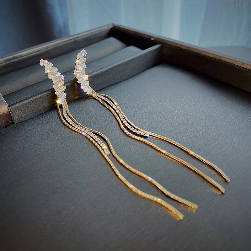 Новые длинные висячие серьги Стразы с кисточками для женщин Свадебные Цирконом