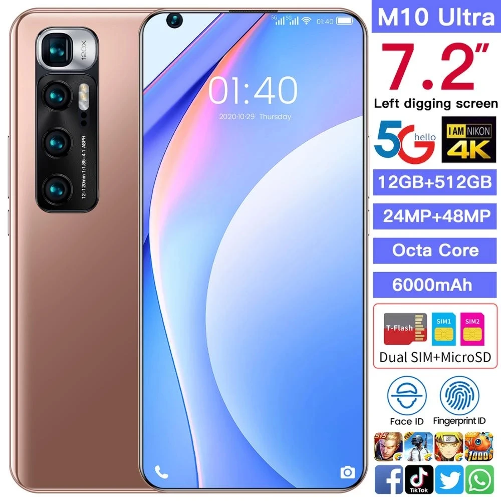 

Smartphone 5G M10 Ultra Global Version 12G 512G Andriod10 Deca Core 6000mAh 7.2 Inch HD Screen New 48 MP Rear Camera Cellphone