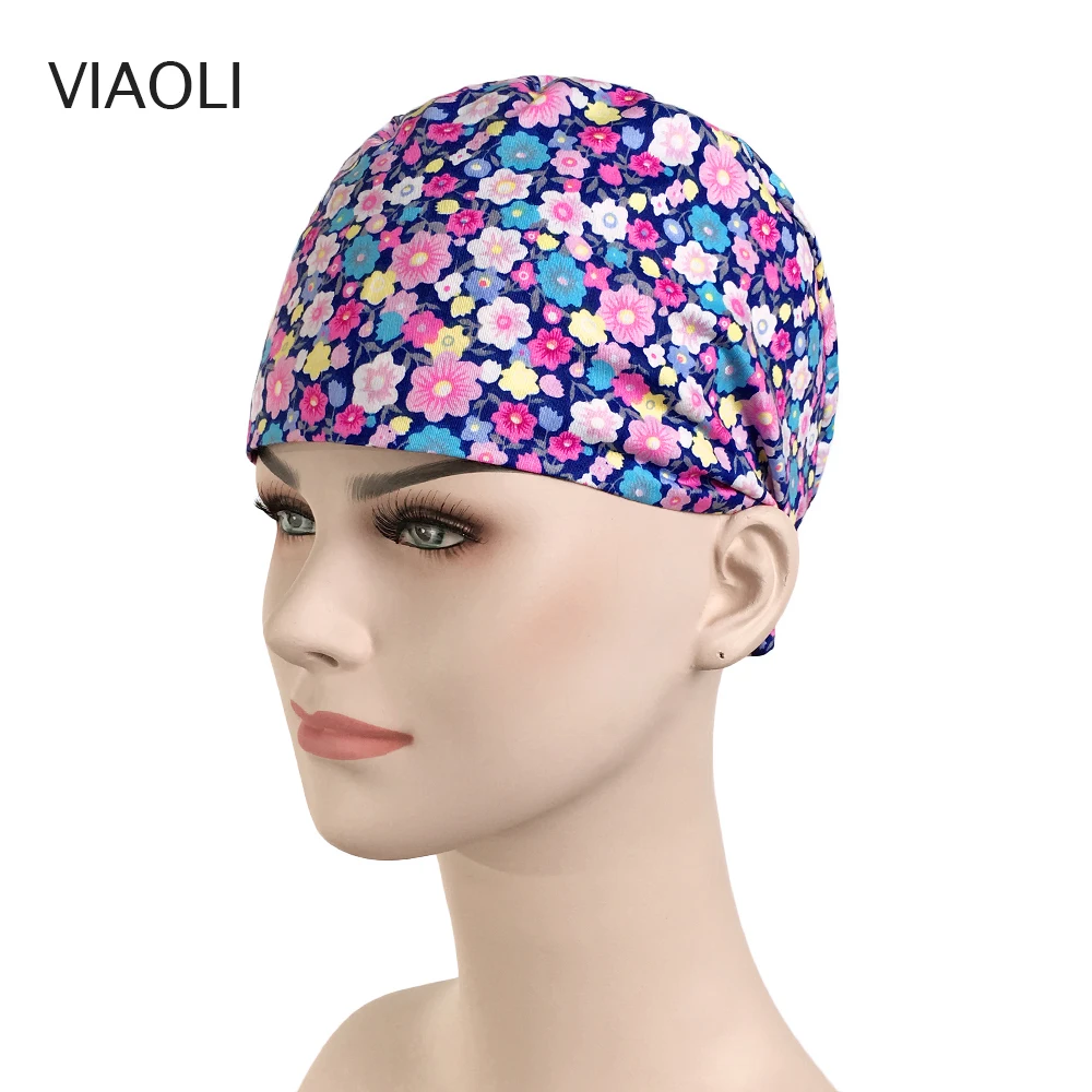 

new wholesale Breathable cartoon Floral printing Tieback Scrubs hats pet shop Beautician cute hats laboratory unisex Scrubs caps