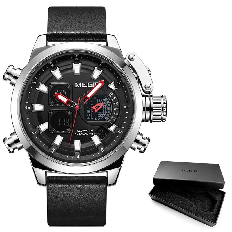 ML2090G-Silver black Мужские спортивные кварцевые часы MEGIR с кожаным ремешком, светящиеся армейские наручные часы с хронографом, новинка, часы от ведущего бренда Relogios 2090, черный цвет - Цвет: ML2090G-Silver black