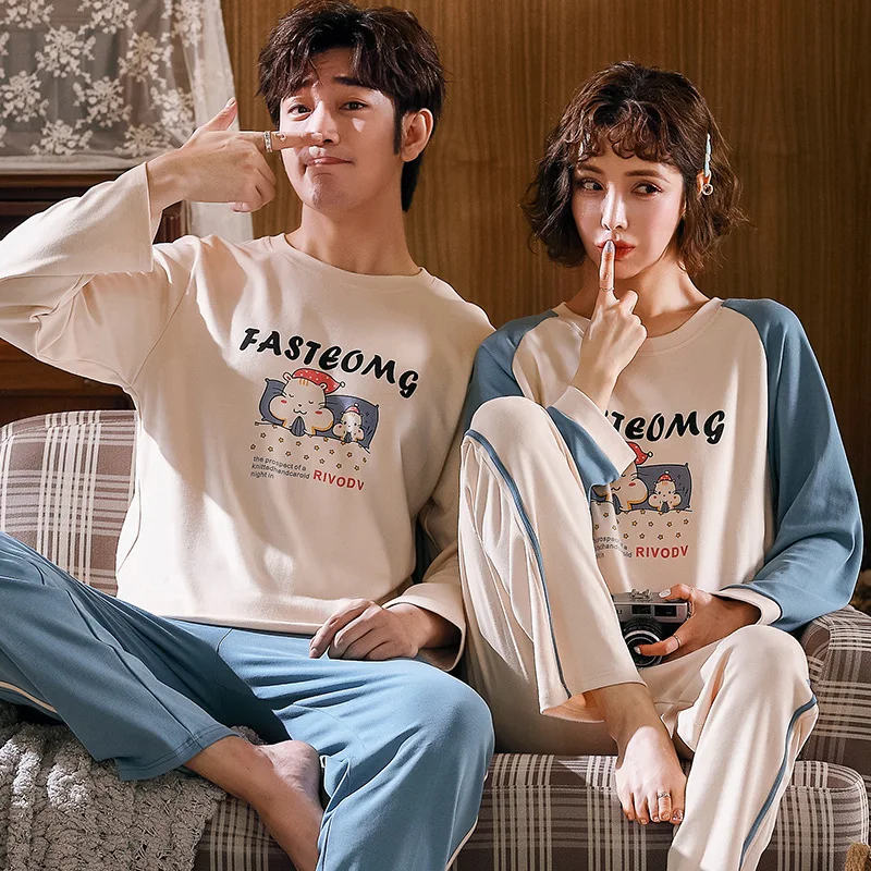 

Winter Men Pajamas Set Cotton Cartoon Long Sleeve Round Neck Couple Pajamas Set Plus Size M-3XL Leisure Loose Lovers Pyjamas