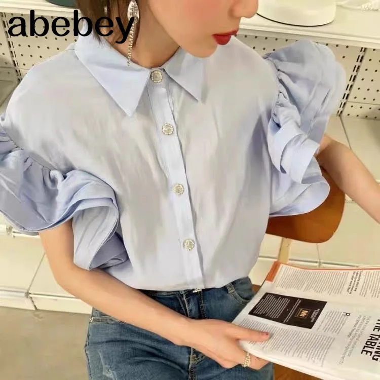 

2021 Summer Korean 3D Ruffled Women Shirt New Graceful Puff Sleeve Fashion Short Sleeve Top Fashion Solid Color Buttoned Blouses