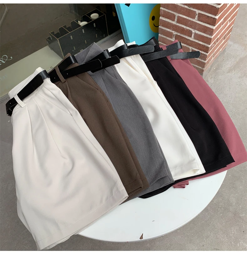 

Basic Women'S Shorts With Belt High Waist Solid Female Short Pants Pockets Office Lady Fashion Trousers New 2021 Casual Summer