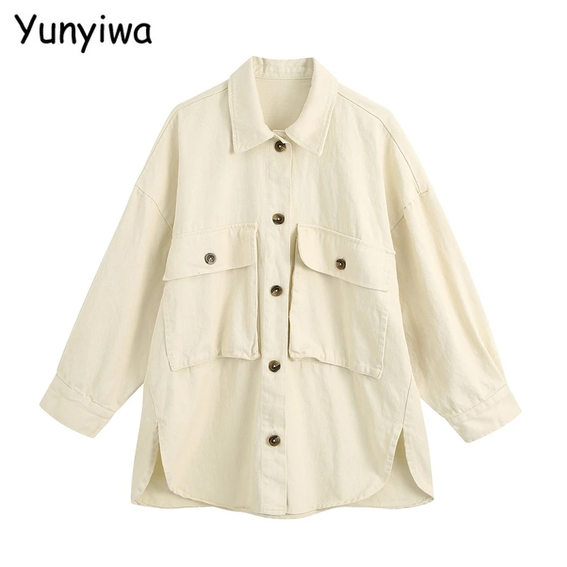 Женская бежевая джинсовая куртка пальто с отложным воротником Свободное длинным