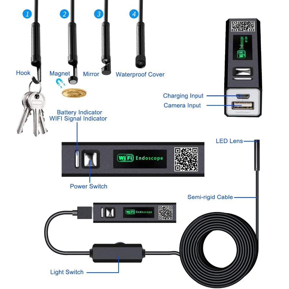 

Wireless Endoscope WiFi Inspection Camera 1200P HD Borescope IP68 Snake Pipe Camera with 8 Led for iOS Android iPhone PC Mac