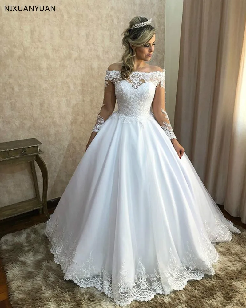 

Vestidos De Novia Luxury Saudi Arabia Boat Neck Wedding Dresses Long Sleeve 2021 A Line Vintage Lace Wedding Gowns Robe Mariee