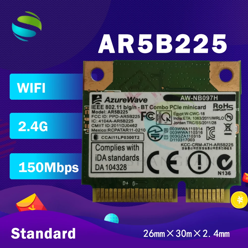 Atheros AR9485 AR5B225 WCNB608AH AR9004WB 1NG Половина мини PCI Express bluetooth4.0 150 Мбит/с WLAN Wi Fi Беспроводной