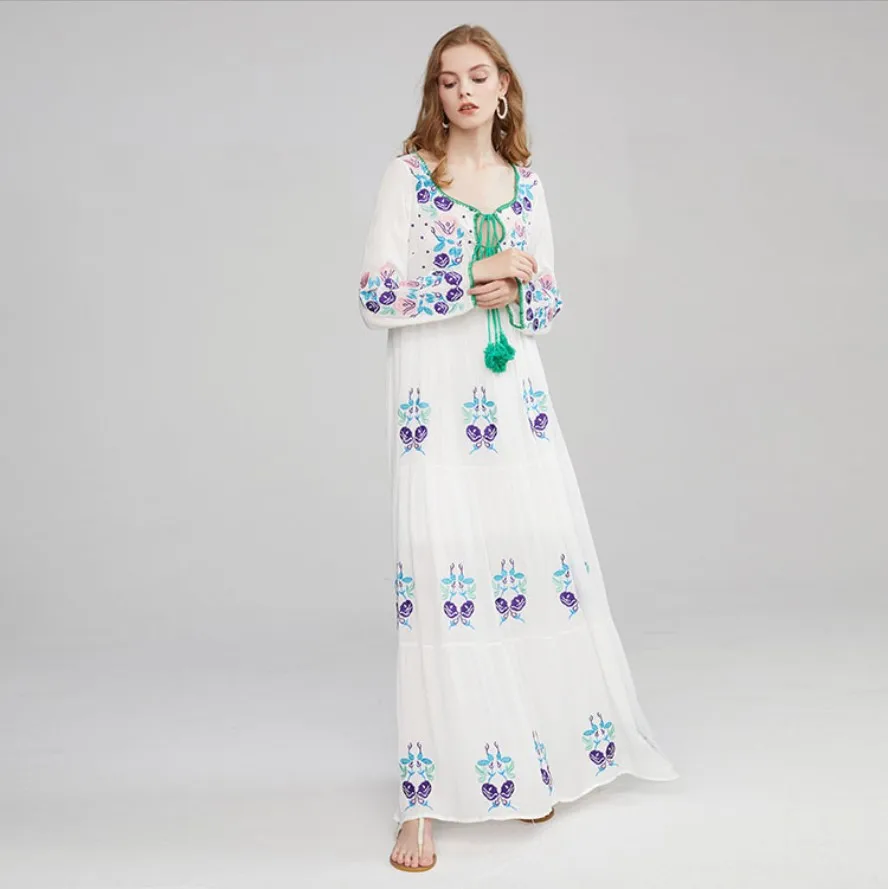 

Bohemian White Dress Autumn Flower Embroidery Long Sleeve Lace Up Nepal Holiday Loose Casual Dress Vestidos