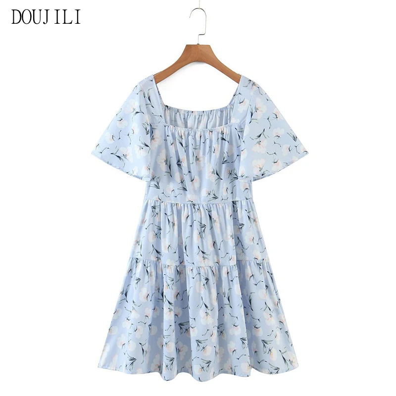 

DOUJILI New Short Dress Round Neck Short Sleeve Flower Printing Soft Fashion Dress For Women 2021 Drop Shipping