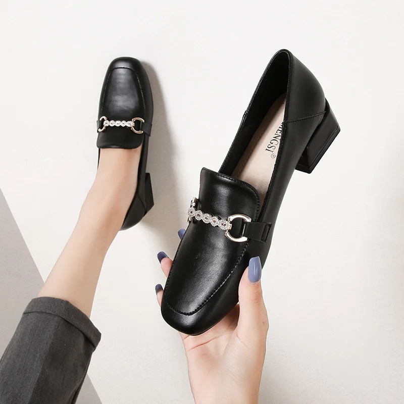 

British small leather shoes women's thick heel 2021 autumn new single shoes middle heel small Xiangfeng Lefu shoes women's shoes