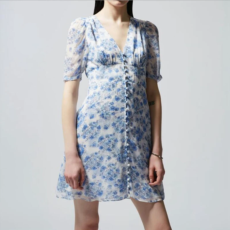 

New Fashion Short Dress Women Elegant High Quality France Style V-Neck Print Ladies Wear Clothing Summer