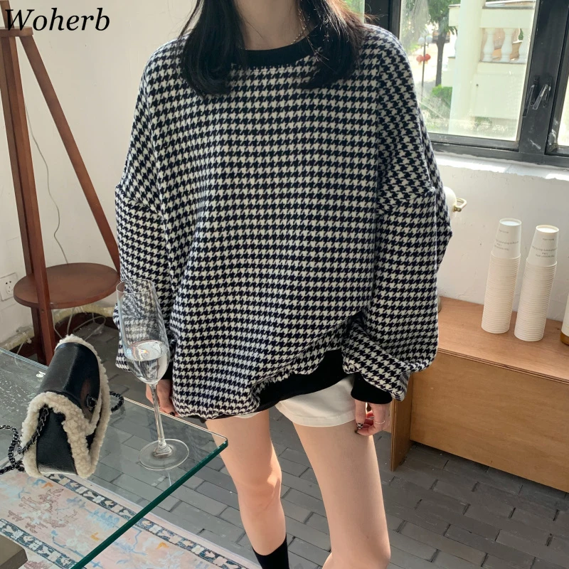 Woherb Корейская толстовка женские модные клетчатые пуловеры с круглым вырезом и